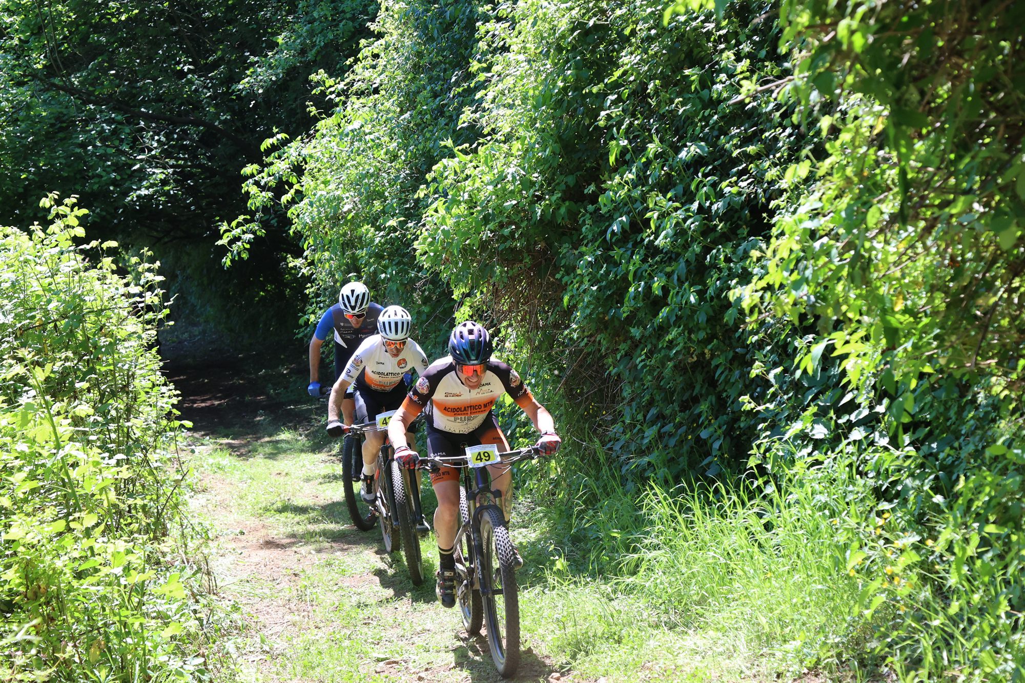 Un gruppetto di bikers su un sentiero nel bosco